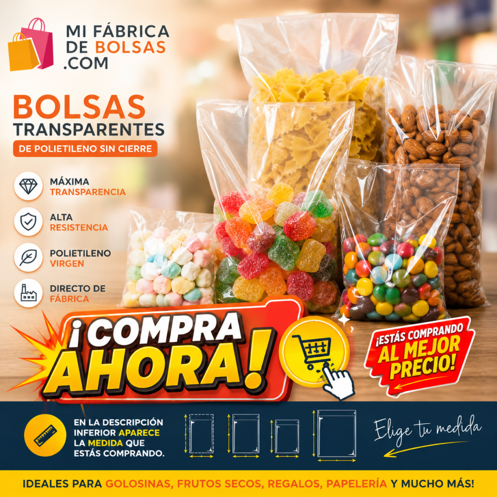 Bolsas de plástico transparentes de polietileno sin cierre para golosinas, frutos secos, papelería y pequeños productos. Fabricación directa con bolsas resistentes y de alta transparencia.