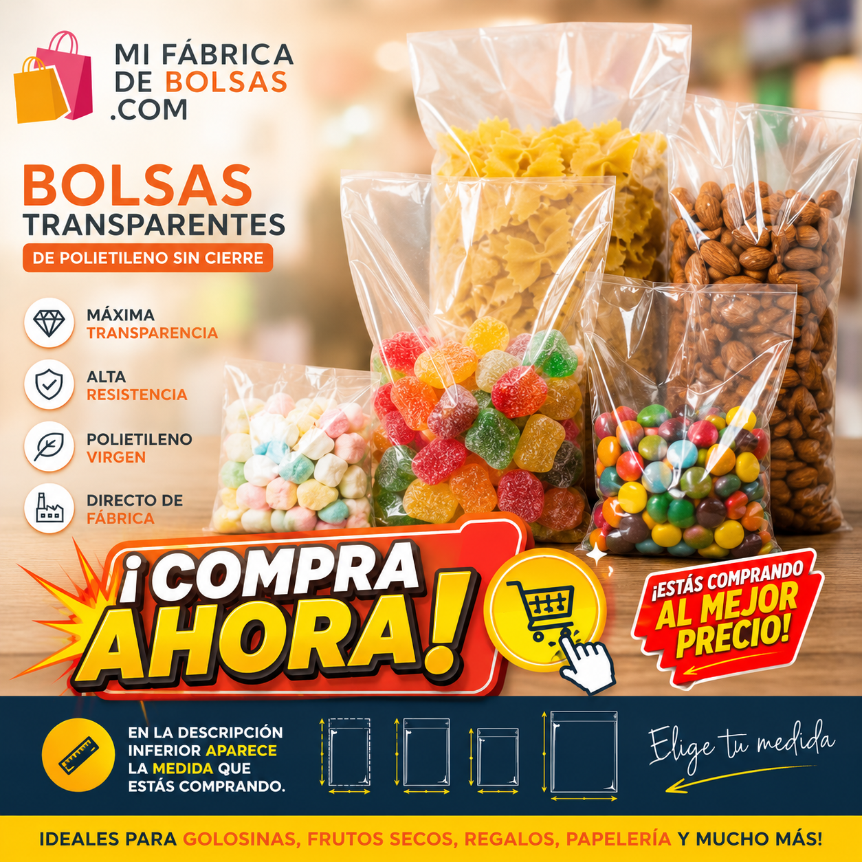 Bolsas de plástico transparentes de polietileno sin cierre para golosinas, frutos secos, papelería y pequeños productos. Fabricación directa con bolsas resistentes y de alta transparencia.