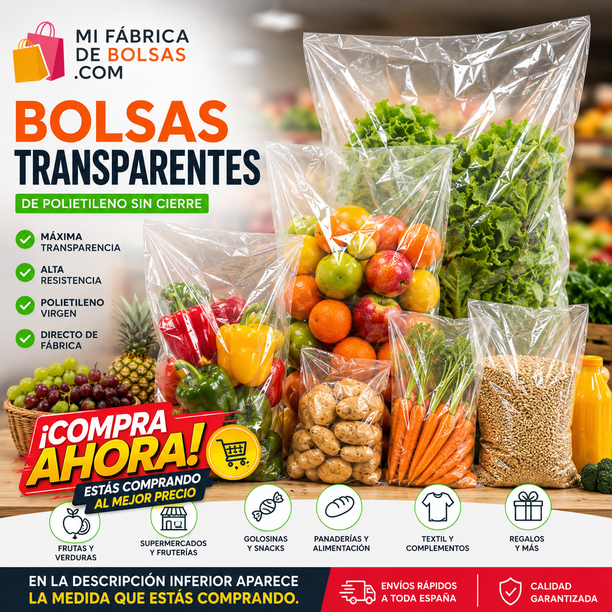 Bolsas de plástico transparentes de polietileno sin cierre para frutas, verduras, alimentación, supermercados y comercios. Fabricación directa de bolsas transparentes de alta resistencia y máxima transparencia.
