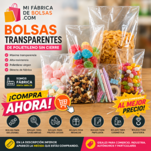 Bolsas de plástico transparentes de polietileno sin cierre para golosinas, chucherías, frutos secos, regalos, papelería y pequeños productos. Venta directa desde fábrica al mejor precio.