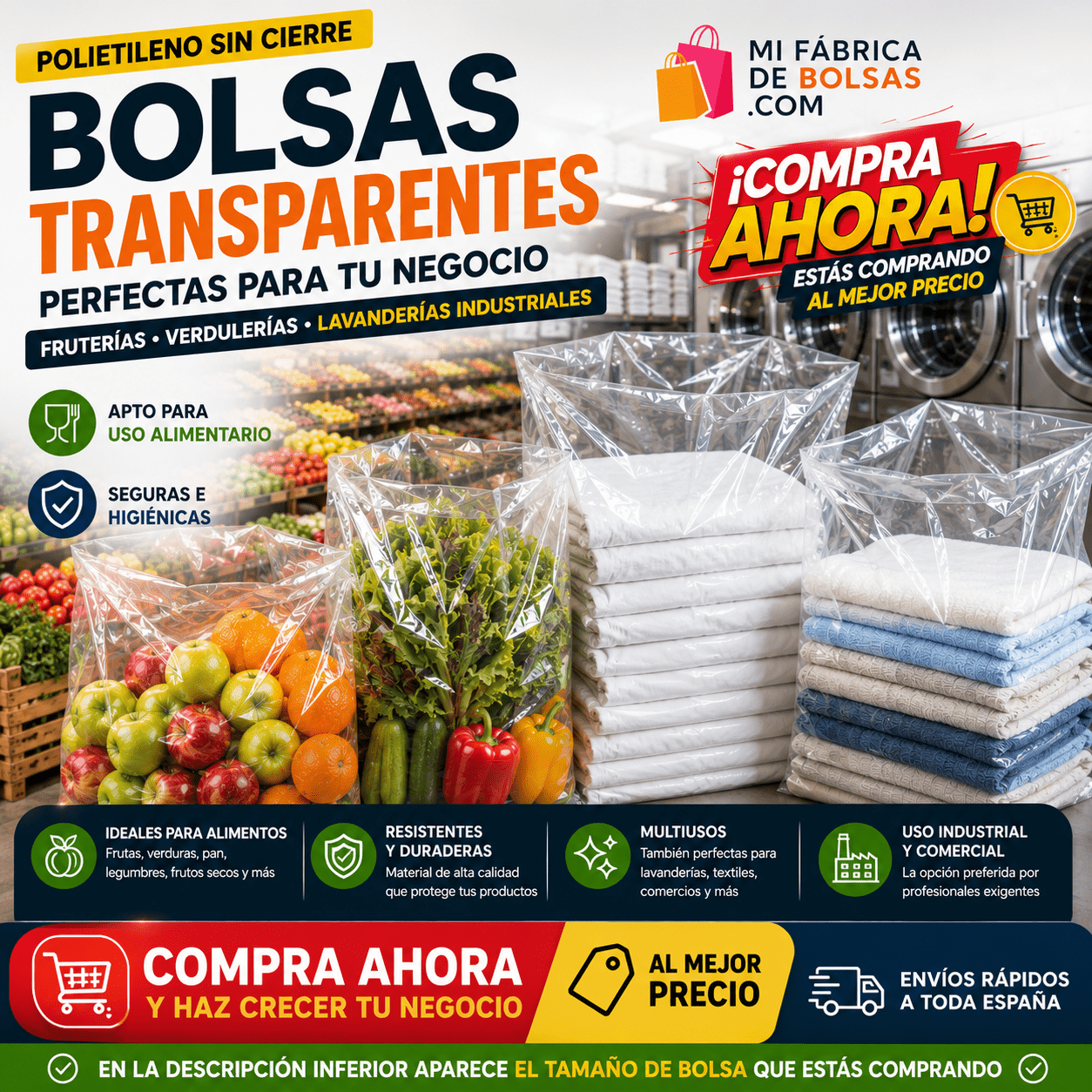 Bolsas de plástico transparentes de polietileno sin cierre para lavanderías industriales, fruterías, verdulerías y alimentación. Ideales para guardar sábanas, toallas, frutas y verduras. Compra directa en fábrica de bolsas al mejor precio.