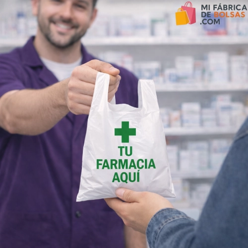Farmacéutico entregando bolsa de plástico personalizada con logo de farmacia tipo asa camiseta