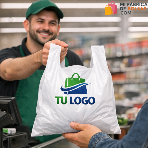 bolsa de plástico asa camiseta personalizada con logotipo para comercios y supermercados