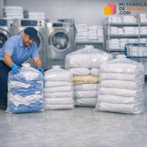 bolsas de polietileno transparentes para lavandería industrial con ropa y textiles