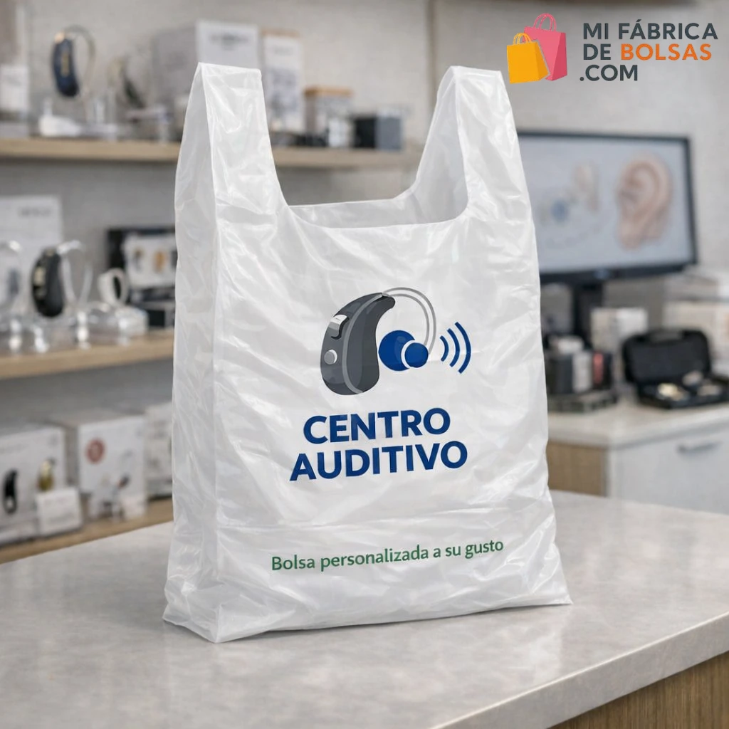 bolsas de plástico personalizadas para farmacia tipo camiseta con logo pequeño tamaño