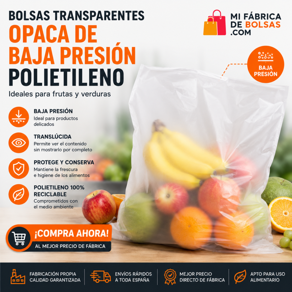 Bolsas transparentes opacas de baja presión de polietileno para frutas, verduras y alimentación. Bolsas translúcidas, resistentes y aptas para uso alimentario. Compra directa de fábrica al mejor precio.