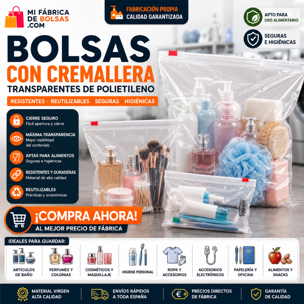Texto alternativo (ALT) Bolsas transparentes de polietileno con cremallera para artículos de baño, perfumes, cosméticos, higiene personal y almacenamiento. Bolsas de plástico reutilizables, resistentes, aptas para uso alimentario y compra directa de fábrica.