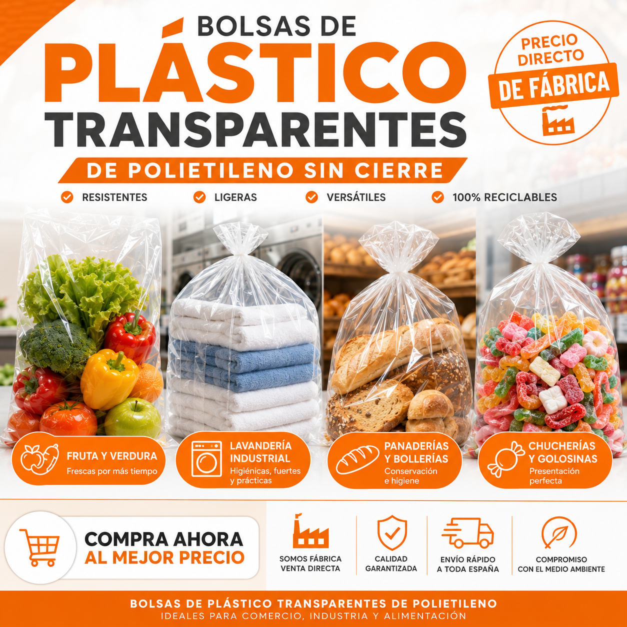 Bolsas de plástico transparentes de polietileno sin cierre para fruta, verdura, lavandería industrial, panaderías y chucherías. Fábrica de bolsas con venta directa online al mejor precio.